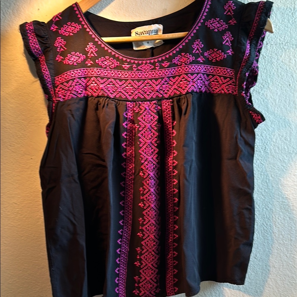 Savane Black and Pink Embellished Sleeveless Blouse